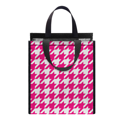 Hot Pink And White Houndstooth Print Insulated Lunch Tote