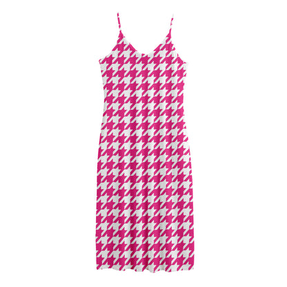 Hot Pink And White Houndstooth Print Jersey Midi Cami Dress