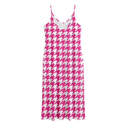 Hot Pink And White Houndstooth Print Jersey Midi Cami Dress