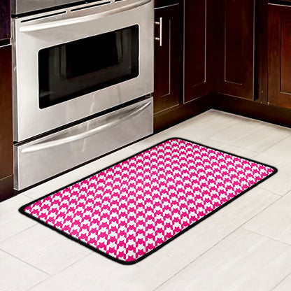 Hot Pink And White Houndstooth Print Kitchen Mat