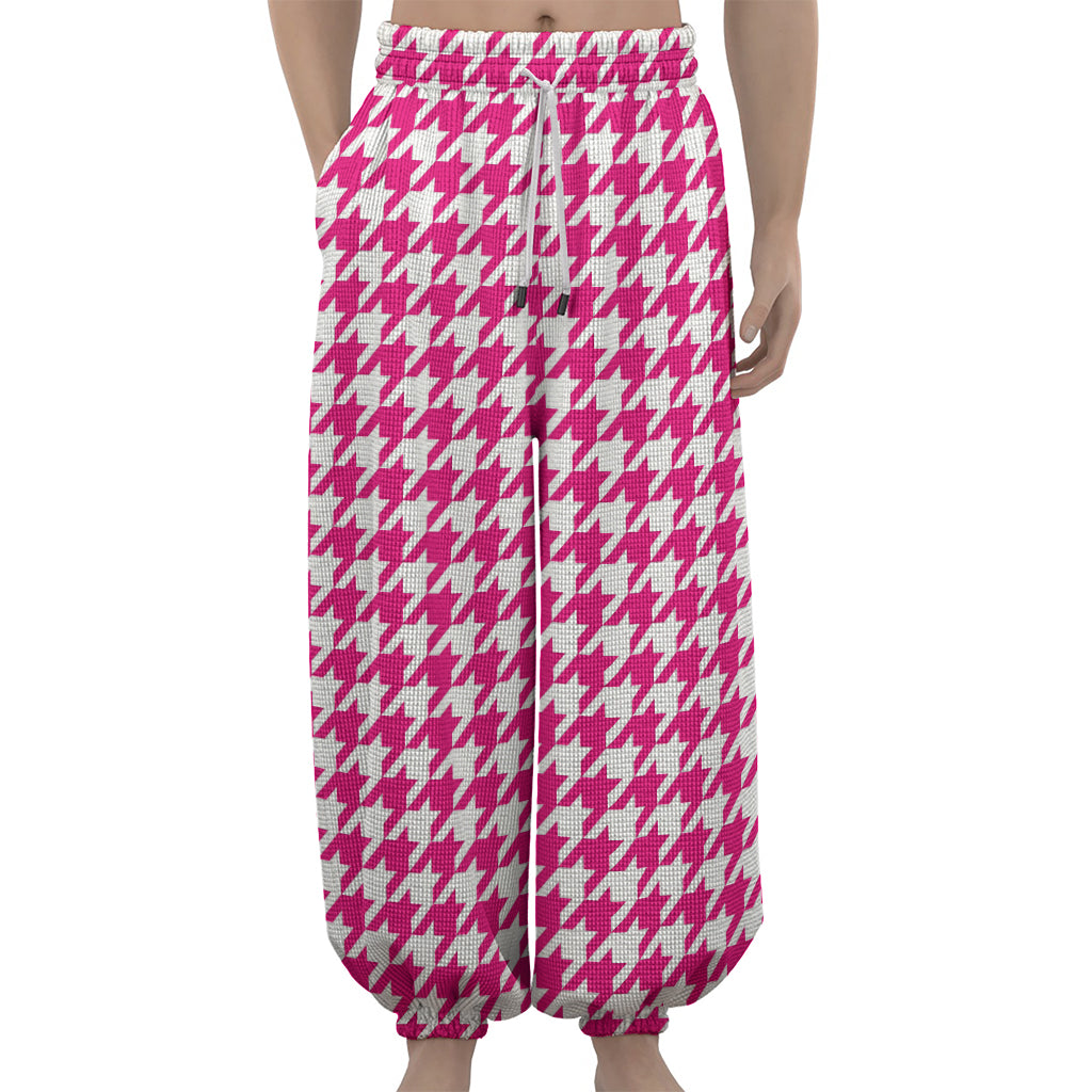 Hot Pink And White Houndstooth Print Lantern Pants