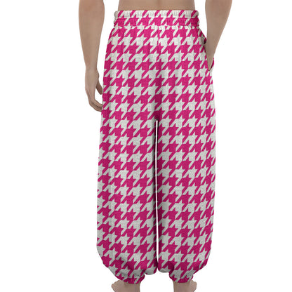Hot Pink And White Houndstooth Print Lantern Pants