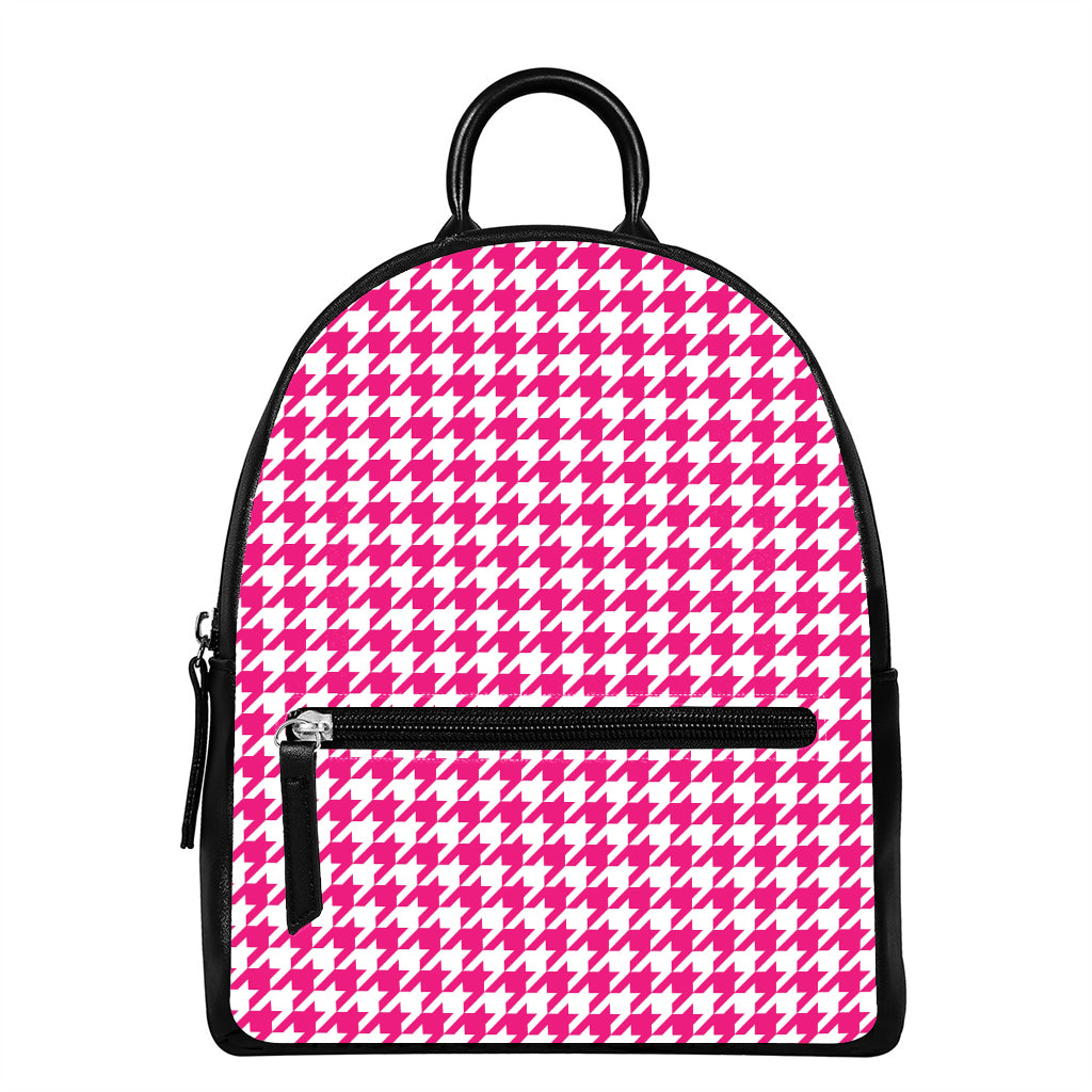 Hot Pink And White Houndstooth Print Leather Backpack