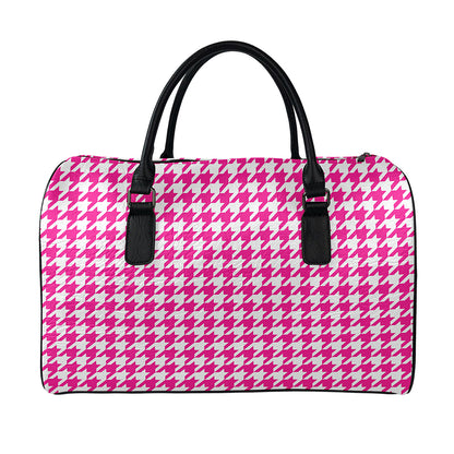Hot Pink And White Houndstooth Print Leather Duffle Bag