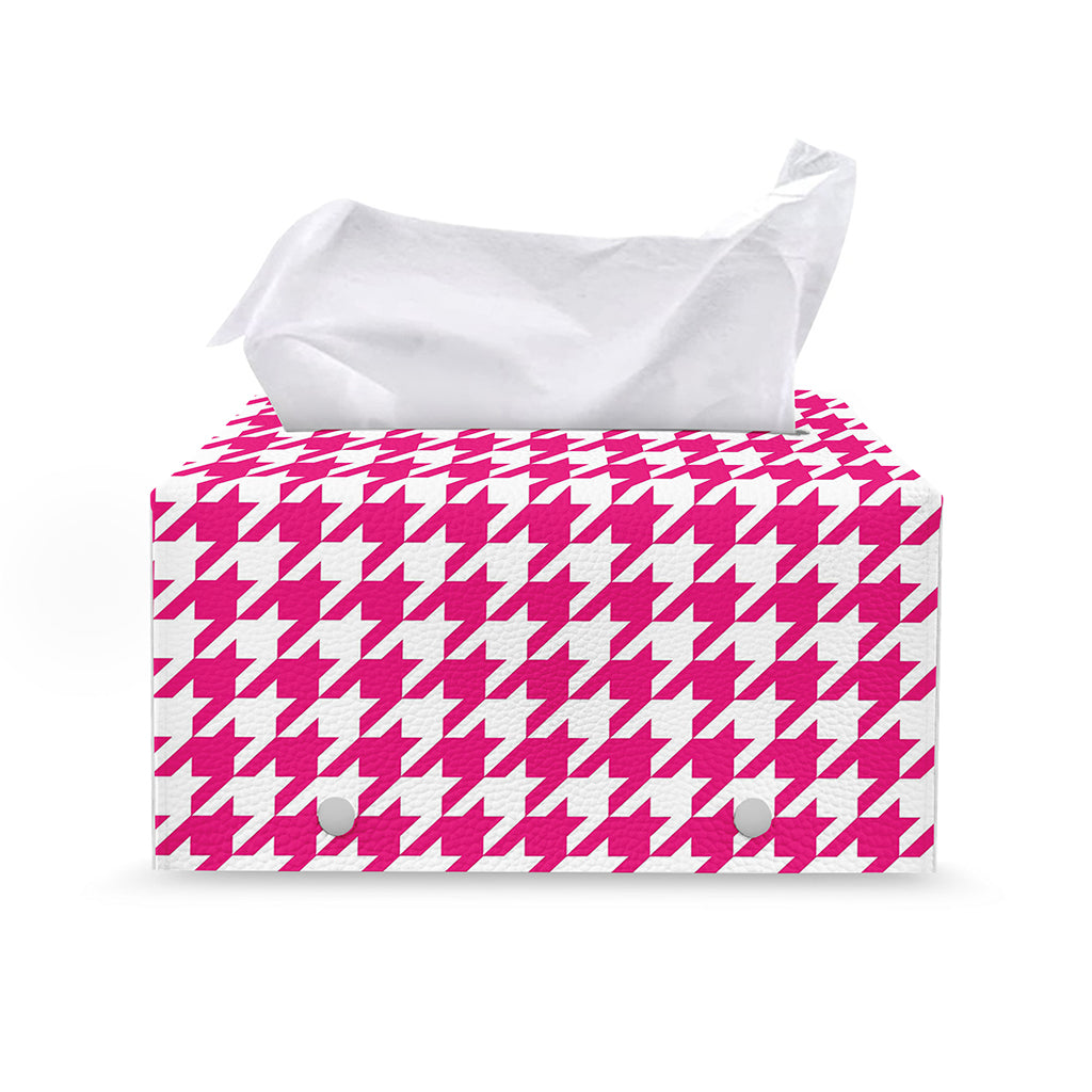 Hot Pink And White Houndstooth Print Leather Tissue Box Cover