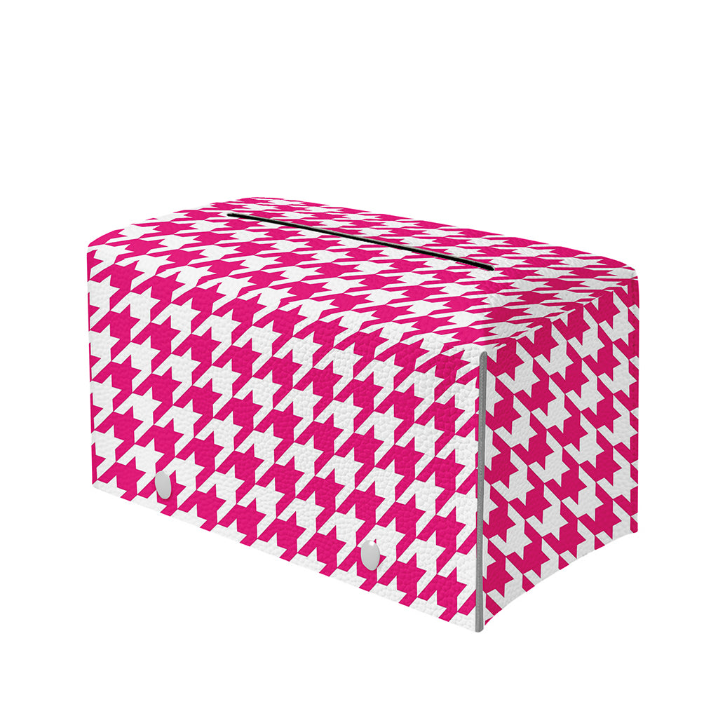 Hot Pink And White Houndstooth Print Leather Tissue Box Cover