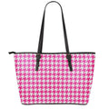 Hot Pink And White Houndstooth Print Leather Tote Bag With Zipper
