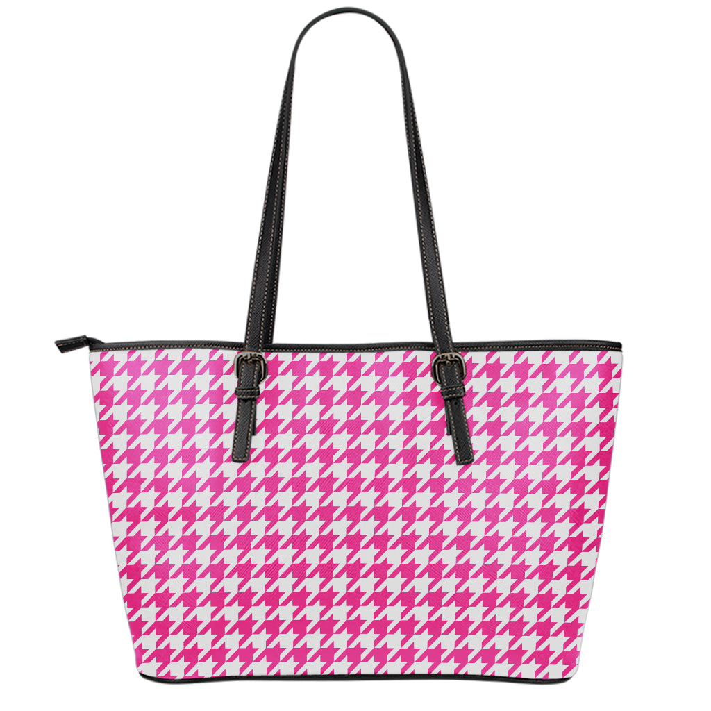 Hot Pink And White Houndstooth Print Leather Tote Bag