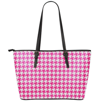 Hot Pink And White Houndstooth Print Leather Tote Bag