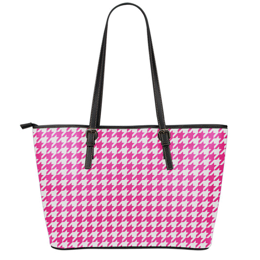 Hot Pink And White Houndstooth Print Leather Tote Bag
