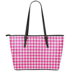 Hot Pink And White Houndstooth Print Leather Tote Bag
