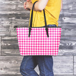 Hot Pink And White Houndstooth Print Leather Tote Bag