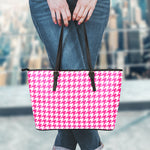 Hot Pink And White Houndstooth Print Leather Tote Bag