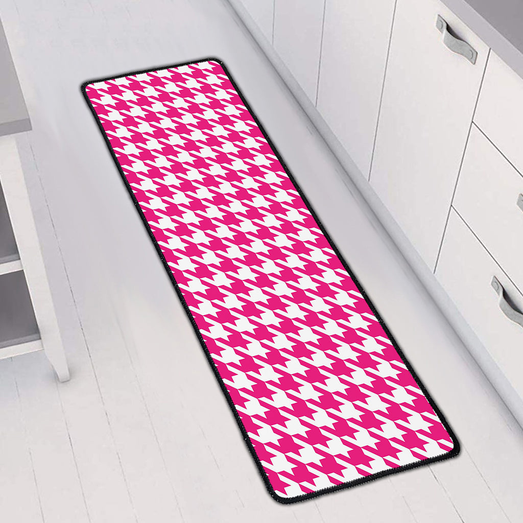 Hot Pink And White Houndstooth Print Long Kitchen Mat
