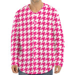 Hot Pink And White Houndstooth Print Long Sleeve Baseball Jersey