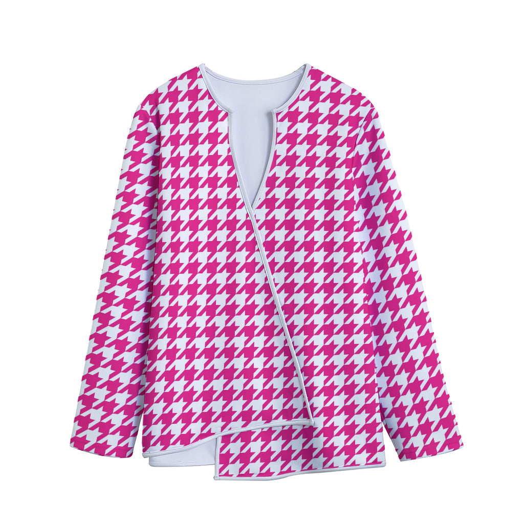 Hot Pink And White Houndstooth Print Long Sleeve Short Coat
