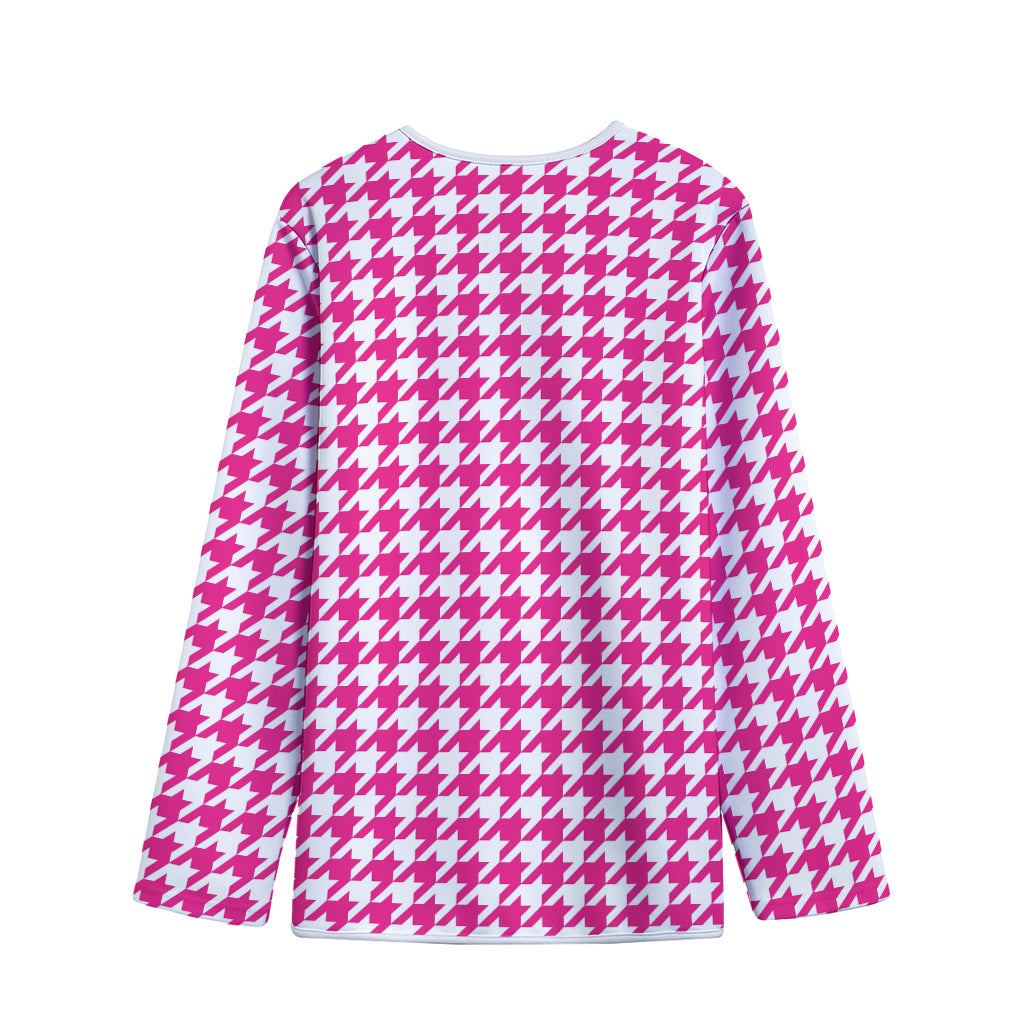 Hot Pink And White Houndstooth Print Long Sleeve Short Coat