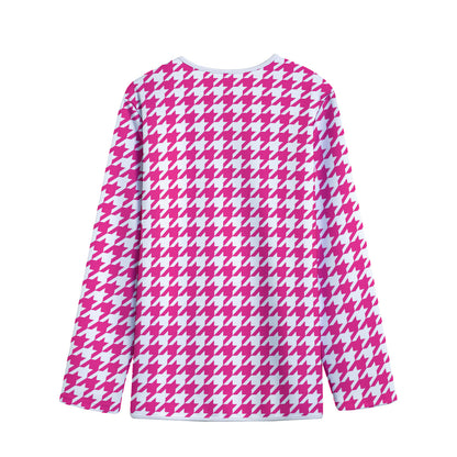 Hot Pink And White Houndstooth Print Long Sleeve Short Coat