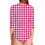 Hot Pink And White Houndstooth Print Long Sleeve Swimsuit