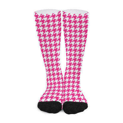 Hot Pink And White Houndstooth Print Long Socks