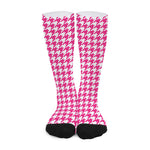 Hot Pink And White Houndstooth Print Long Socks