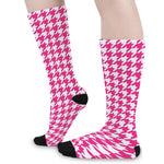 Hot Pink And White Houndstooth Print Long Socks