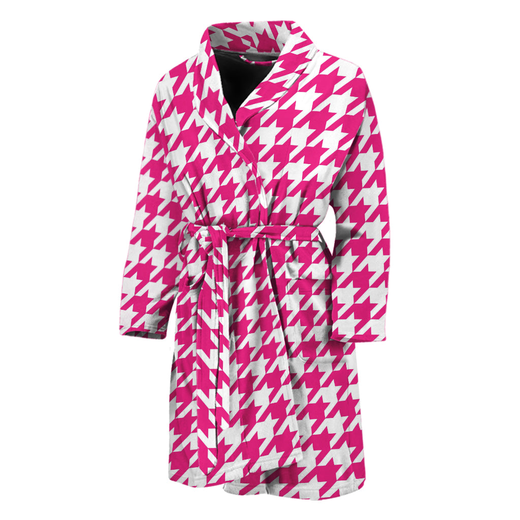 Hot Pink And White Houndstooth Print Men's Bathrobe