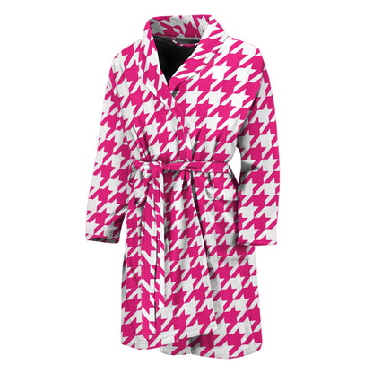 Hot Pink And White Houndstooth Print Men's Bathrobe