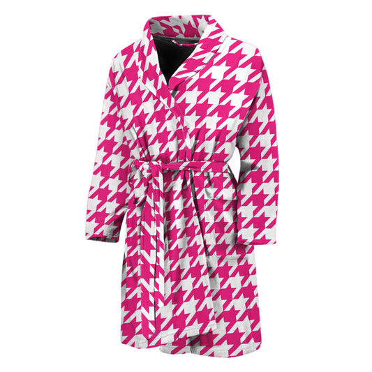 Hot Pink And White Houndstooth Print Men's Bathrobe