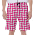 Hot Pink And White Houndstooth Print Men's Beach Shorts