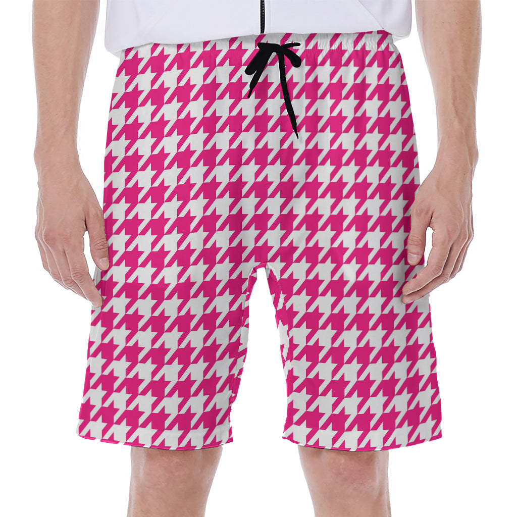 Hot Pink And White Houndstooth Print Men's Beach Shorts