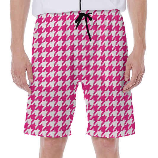 Hot Pink And White Houndstooth Print Men's Beach Shorts