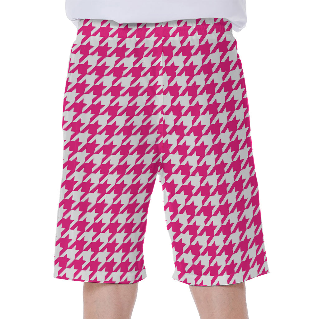 Hot Pink And White Houndstooth Print Men's Beach Shorts