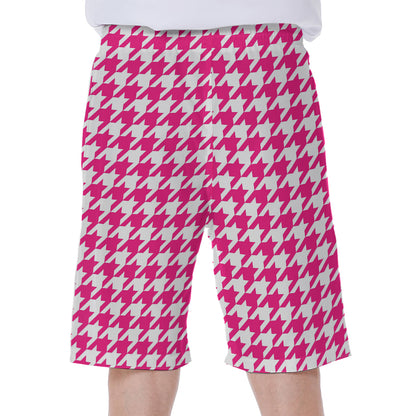 Hot Pink And White Houndstooth Print Men's Beach Shorts