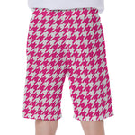 Hot Pink And White Houndstooth Print Men's Beach Shorts