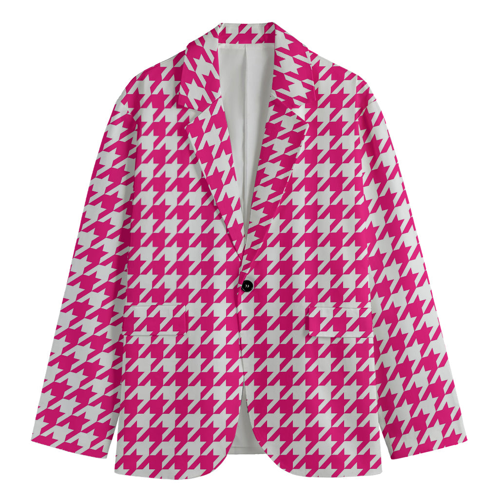 Hot Pink And White Houndstooth Print Men's Blazer