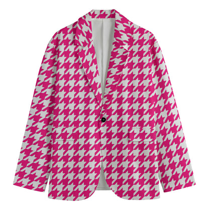 Hot Pink And White Houndstooth Print Men's Blazer
