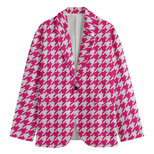Hot Pink And White Houndstooth Print Men's Blazer