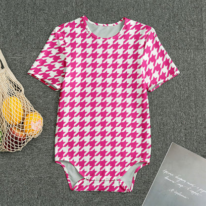 Hot Pink And White Houndstooth Print Men's Bodysuit