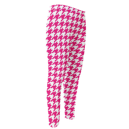 Hot Pink And White Houndstooth Print Men's Compression Pants
