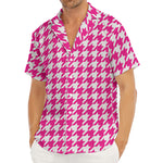 Hot Pink And White Houndstooth Print Men's Deep V-Neck Shirt