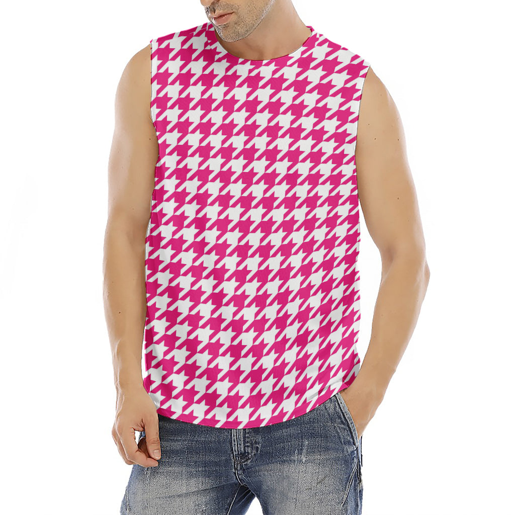Hot Pink And White Houndstooth Print Men's Fitness Tank Top