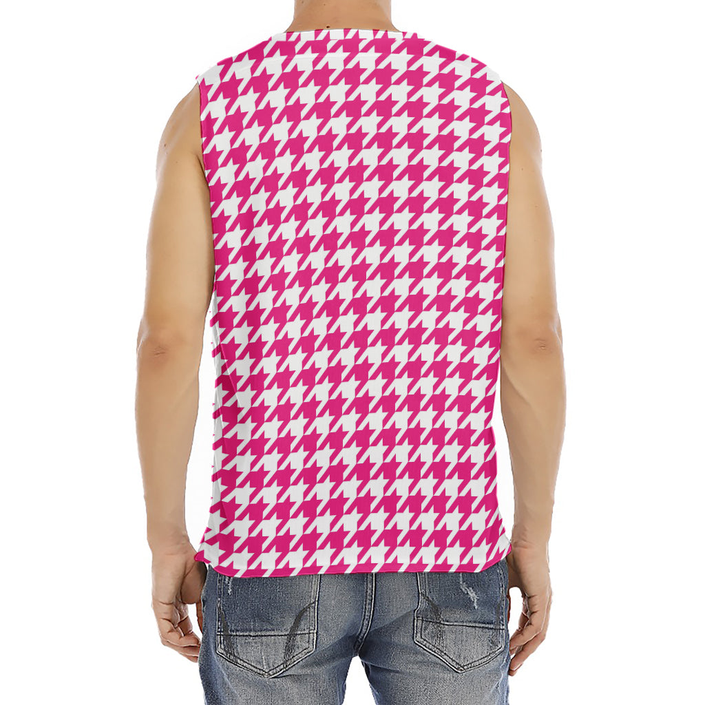 Hot Pink And White Houndstooth Print Men's Fitness Tank Top