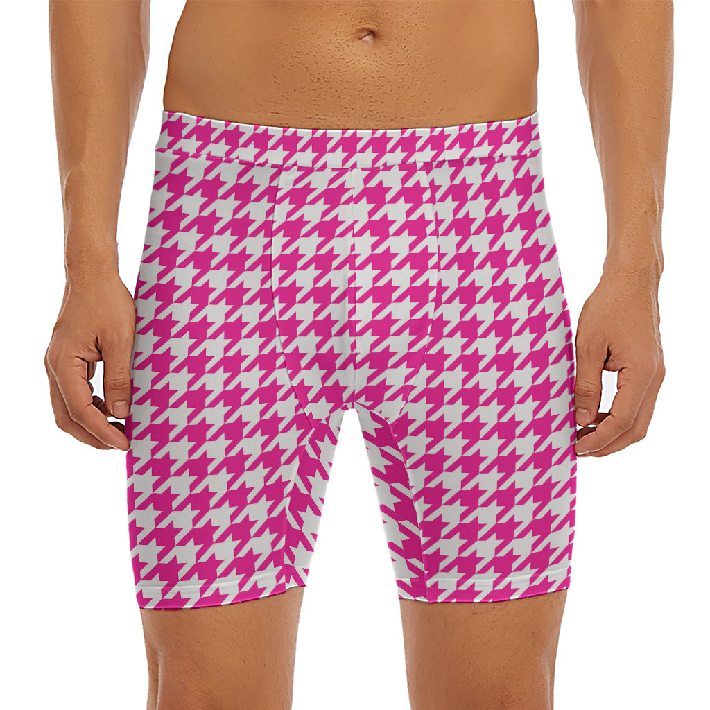Hot Pink And White Houndstooth Print Men's Long Boxer Briefs