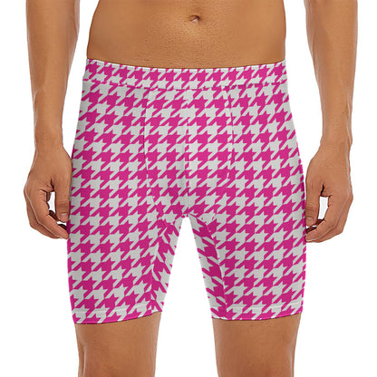 Hot Pink And White Houndstooth Print Men's Long Boxer Briefs