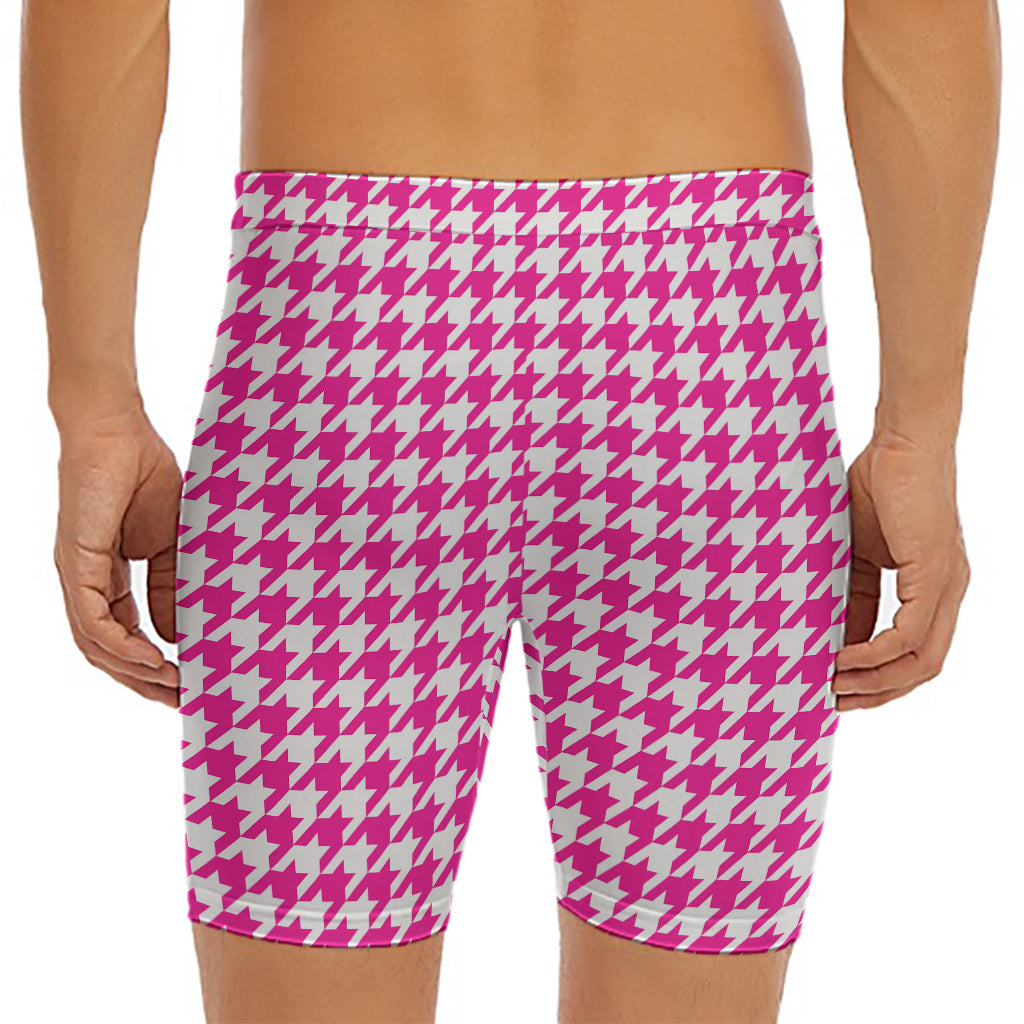 Hot Pink And White Houndstooth Print Men's Long Boxer Briefs