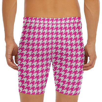 Hot Pink And White Houndstooth Print Men's Long Boxer Briefs