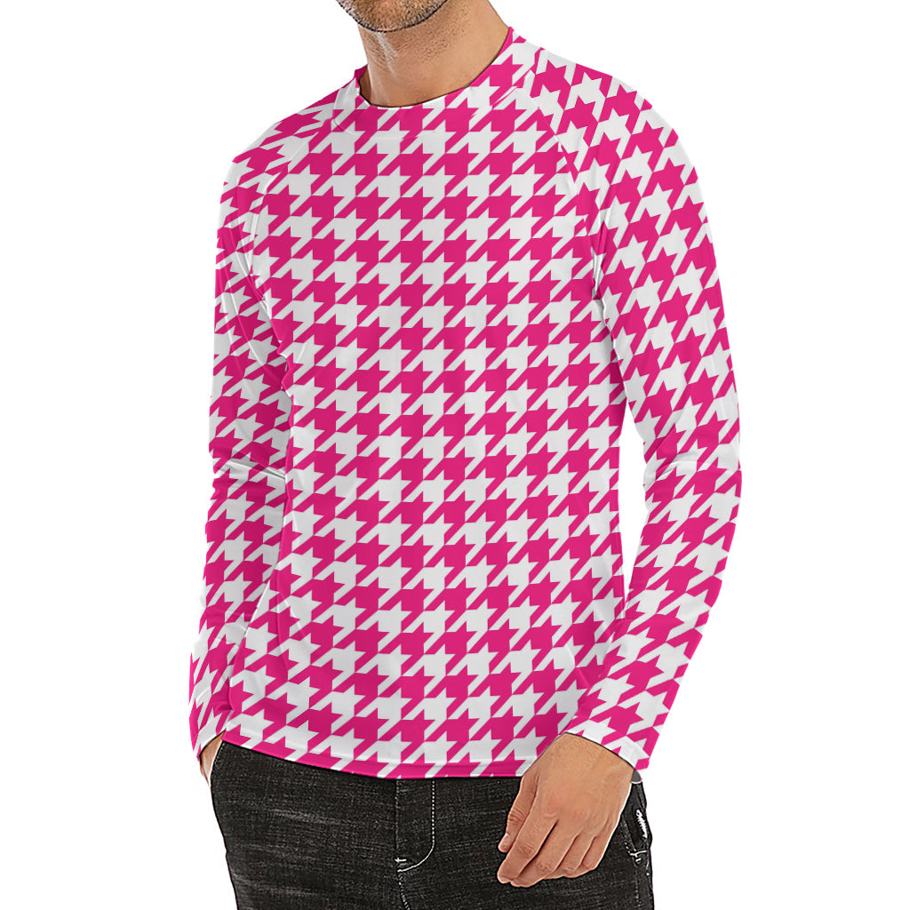 Hot Pink And White Houndstooth Print Men's Long Sleeve Rash Guard
