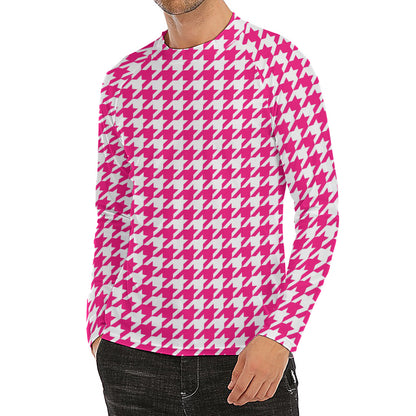 Hot Pink And White Houndstooth Print Men's Long Sleeve Rash Guard