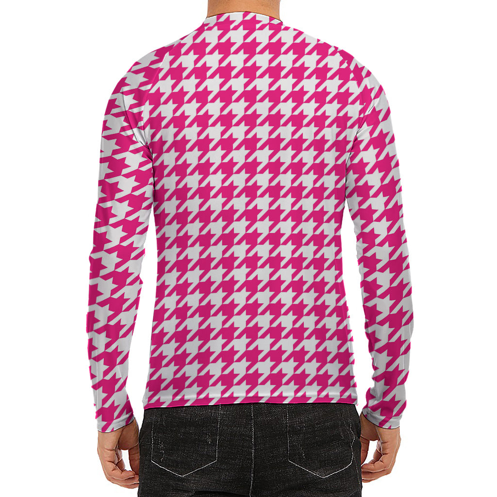Hot Pink And White Houndstooth Print Men's Long Sleeve Rash Guard